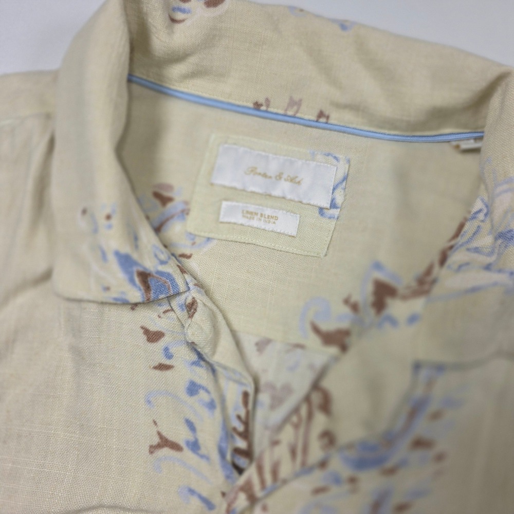 Porter & Ash Mens Paisley Linen Blend Short Sleeve Button Down‎ Shirt Beige XL